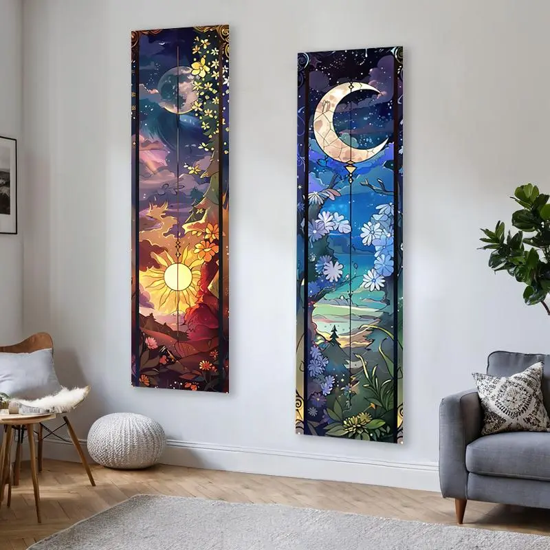 Sun & Moon Pattern Design Wall Hanging Tapestry, 2 Counts/set Tree Of Life Flowers Mountain Long Narrow Tapestry, Wall Decor for Home Living Room Bedroom 4