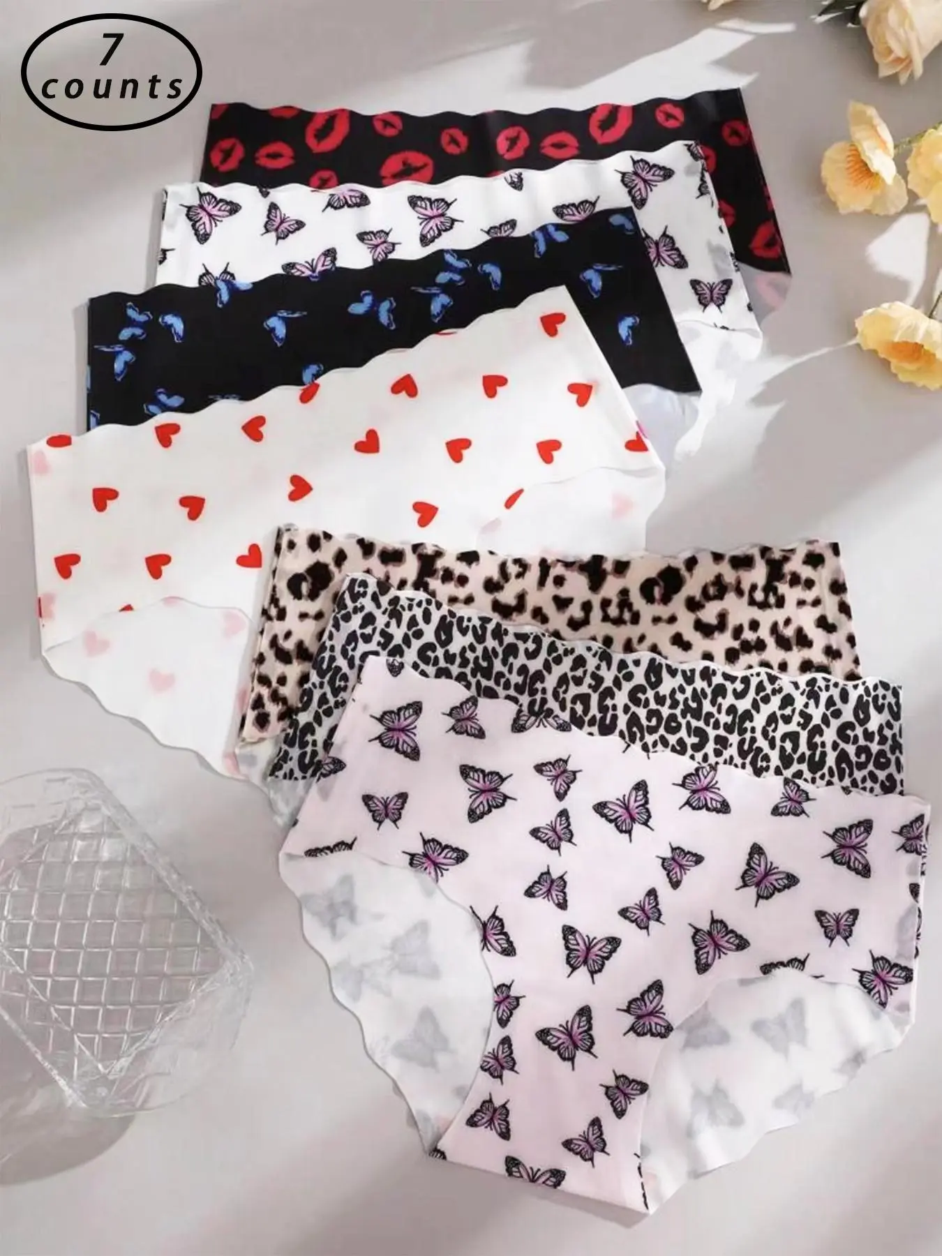 Women's Butterfly & Leopard & Heart Print Scallop Trim Knicker, Soft Comfy Breathable Panty for Daily Wear, Underwear for All Seasons
