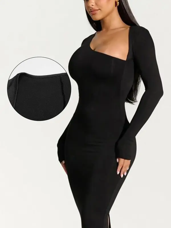 Women's Christmas Solid Asymmetrical Neck Split Bodycon Dress, Fit Long Sleeve Maxi Dress for Party Dating Wear, Ladies Clothes for All Seasons Valentine's Day, gift 8