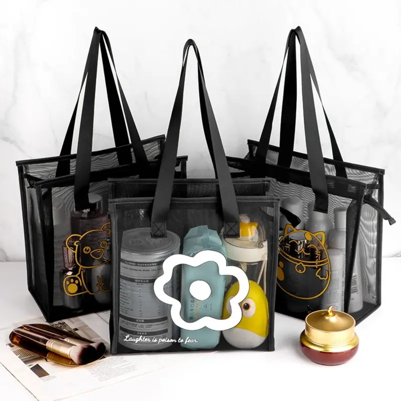 Túi Tote Đi Biển, Trong Suốt, Thời Trang, Làm Bằng Lưới Nylon, Thiết Kế Hoa Và Hoạt Hình, Túi Đựng Mỹ Phẩm Có Khóa Kéo, Túi Trong Suốt, Dành Cho Nữ 0