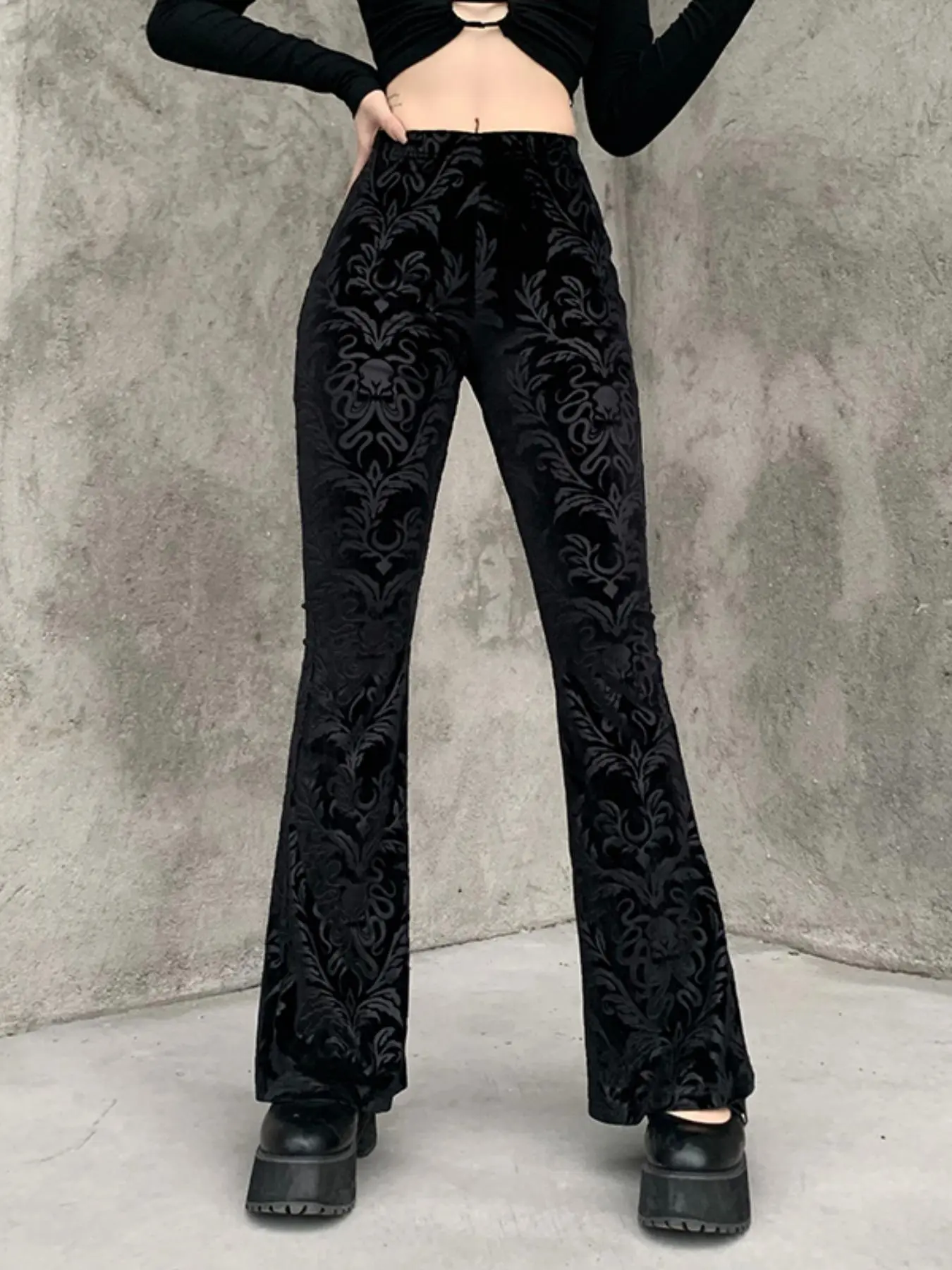 Women's Ethnic Pattern Elastic Waist Flare Leg Pants, Casual Comfy Bell Bottom Velvet Trousers for Fall & Winter, Ladies Bottoms for Daily Wear