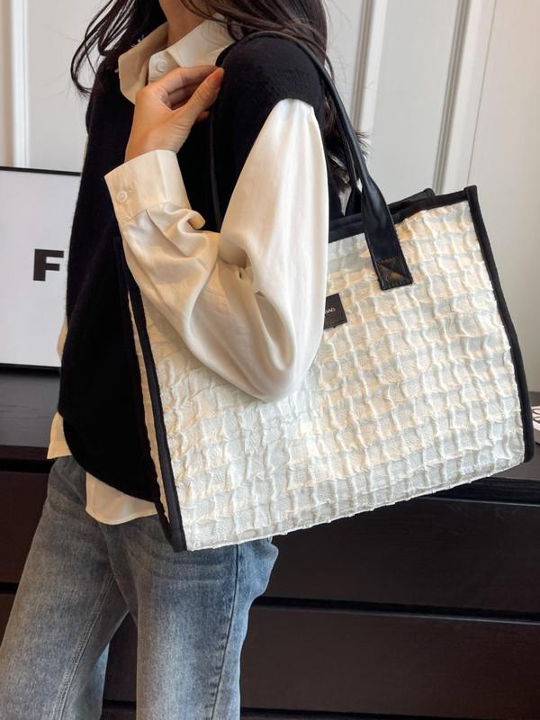 Textured Tote Bag With Zipper, Fashionable Solid Color Large Capacity Casual Shoulder Bag for Women & Girls 3