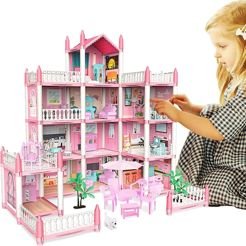 DIY Doll House Building Toys, 1 Set Pink Dollhouse with 11 Rooms & Furniture Accessories, DIY Pretend Play Toys For Kids, Stocking Fillers Gift 1