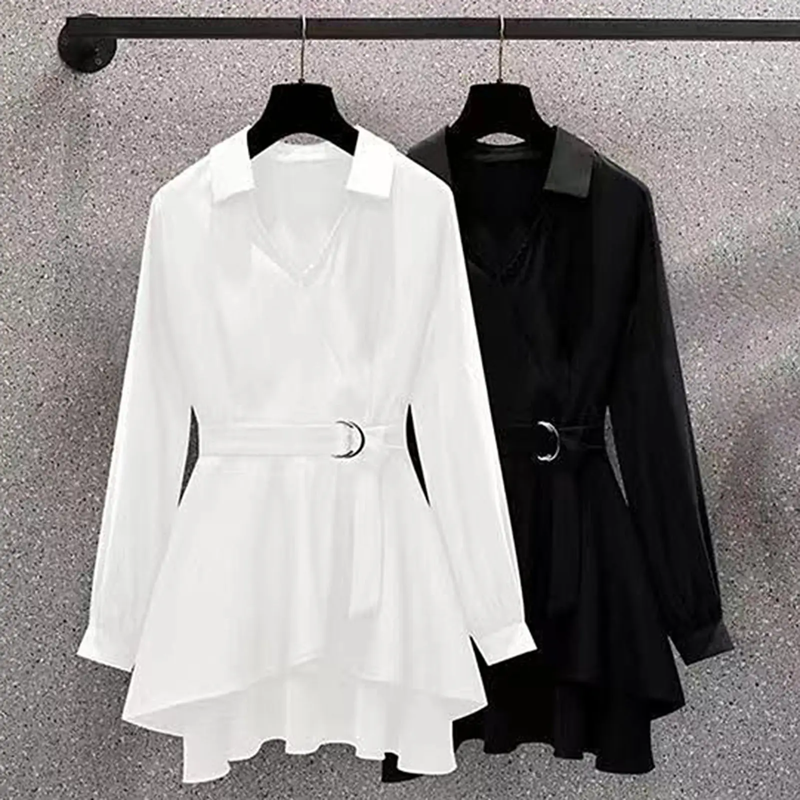 gonpiny Lapel V Neck Long Sleeves Irregular Hem Plus Size Women Shirt Waist Tight Adjustable Belt Pullover Shirt Top Female Clothing