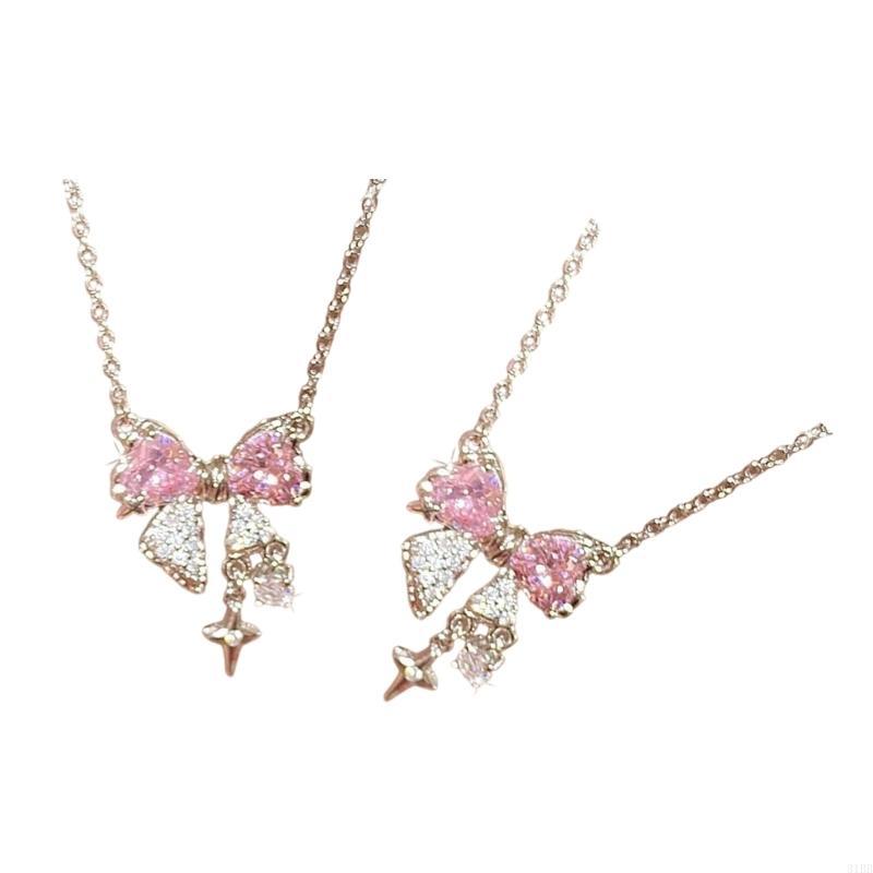 Product Introduction of Explosive Network Red Pink Bright Bow Necklace Ins Students Sweet Cool Girl Clavicle Chain with Light Luxury Senior Sense of Summer 8