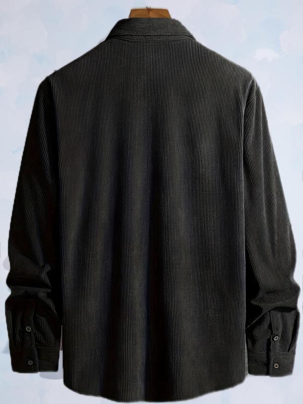Men's Plain Letter Patched Corduroy Jacket without Tee, Casual Button Front Pocket Jacket for Fall & Winter, Men's Outerwear for Daily Wear, Coat 7