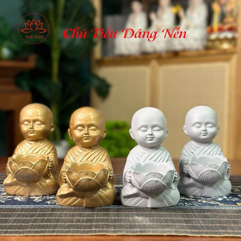 Chú tiểu bê nến sơn màu Đồng màu Đá Màu Vàng Gốm- Tuệ Nga