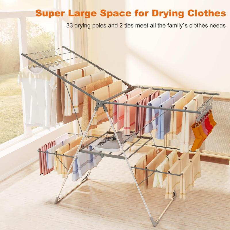 Airer with 33 bars, 2-Level Foldable Clothes Drying Rack Indoor Outdoor, Stainless Steel Large Clothes Horse, 6 Height-Adjustable Laundry Drying Rack (Grey) 1