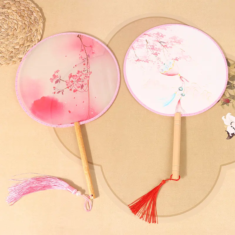 Quạt Cầm Tay Tròn, Phong Cách Trung Quốc, In Cổ Điển, Làm Bằng Lụa, Thiết Kế Tua Rua Cổ Đại Thích Hợp Cho Khiêu Vũ, Sườn Xám Và Bộ Đồ Tang, Phụ Kiện Tiệc Cưới 5