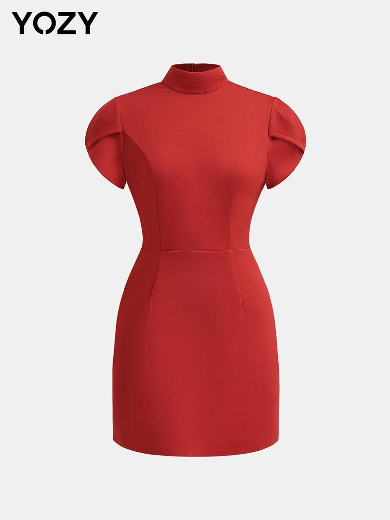 Product Introduction of YOZY Women's Plain Petal Sleeve Mock Neck Dress, Elegant Fashion Casual Short Dress for Daily Outdoor Wear, Women Dress for All Seasons 2
