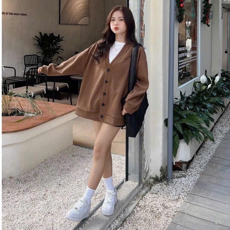 Áo Cardigan nỉ tăm cổ V co dãn, áo khoác cadigan khoác ngoài cho nữ CHEP BASIC áo  len có thể giặt máy 【 trắng 】 1