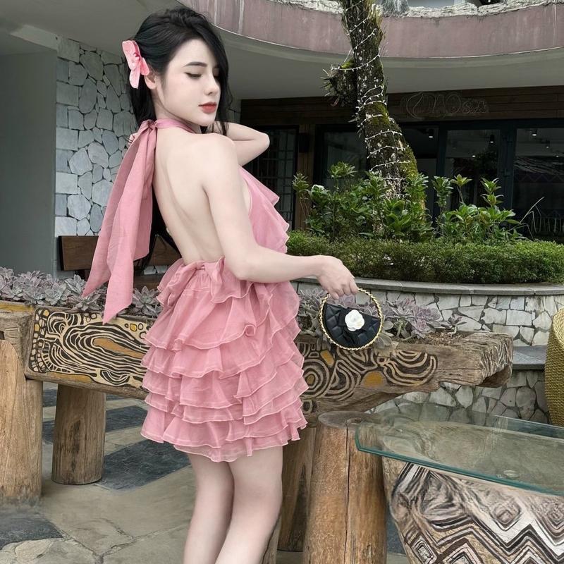 Váy thiết kế - Váy tơ cổ buộc bèo tầng xếp xinh sang full màu hồng xanh kem đen 1253 Nữ Women Nữ Women Nhung Dress 7
