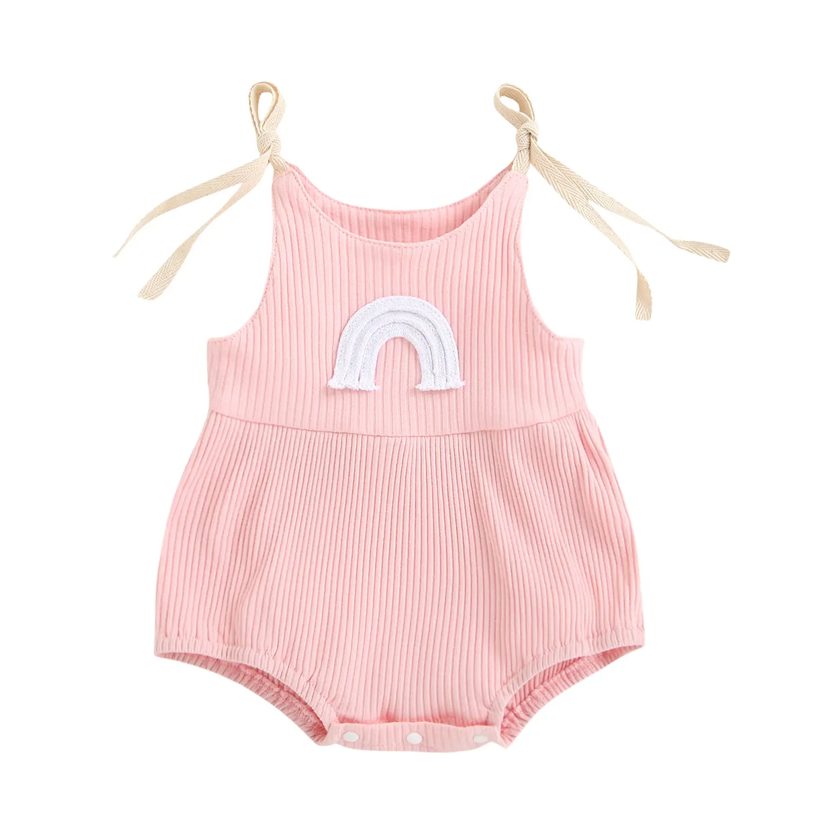 Newborn Sleeveless Ribbed Romper, Baby Girls Tie-up Arch Bridge Pattern U-shaped Neck Playsuit