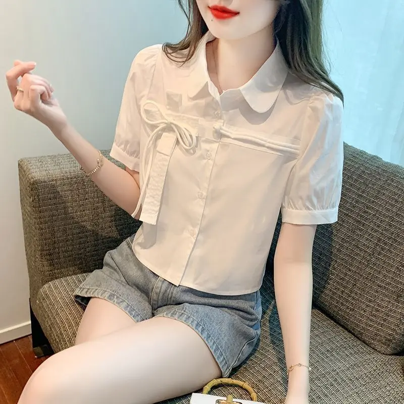Áo Sơ Mi Ngắn Tay Cho Nữ, Thiết Kế Đẹp, Thích Hợp Cho Mùa Hè, Phong Cách Cao Cấp, Áo Buộc Dây Kiểu Pháp, Dáng Ôm, Người Ngắn Trình Diễn, 2024 Hàng Mới Về