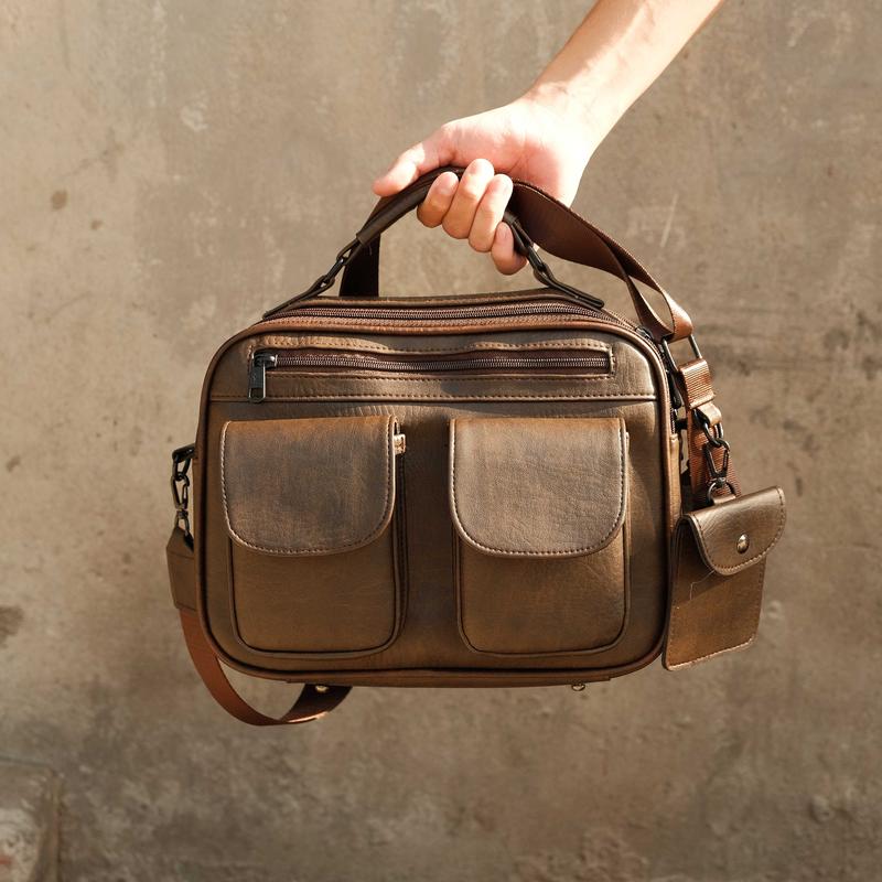 Túi I pad, Cặp Đựng I pad, Túi Đeo Chéo D a PU Kiểu Ngang Màu Đen, Vân Sọc Chống Nước Đeo Vai Nhiều Ngăn