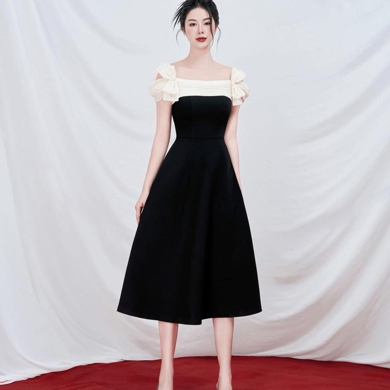 Đầm đi tiệc sang chảnh 2025 có BIGSIZE 2 dây nơ trễ vai phối ren kim cương cao cấp MINDA DRESS phù hợp đi chơi đi tiệc Women Nữ Cotton Sen Voi Kem Viền Ren đầm  len vaytet kẹo ren váy thường mặc