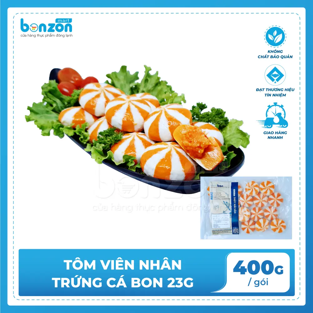 Tôm Viên Nhân Trứng Cá BON Bonzon Thơm Ngon Tiện Lợi Túi 400G [Giao nhanh 2H]