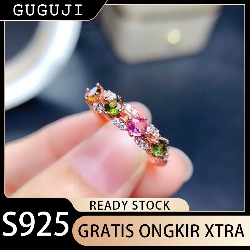GUGUJI Cincin Terbuka Warna Permen Turmalin Berwarna Simulasi Emas Mawar S925