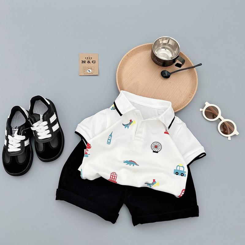 Set Polo In Hình Khủng Long, Oto 2 Màu Đen, Trắng Áo Cotton Mix Quần Thô Kaki Bé Trai Có Cổ 4