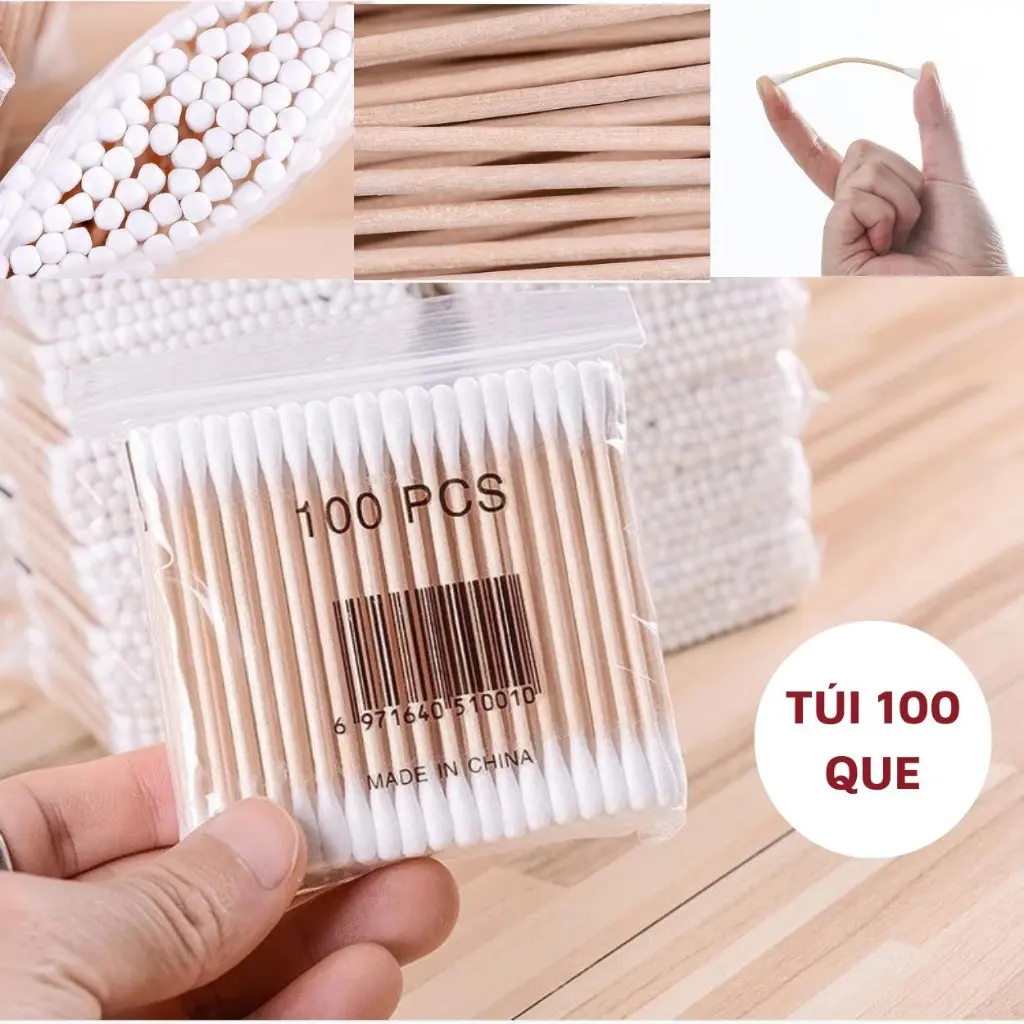 Bông Ngoáy Tai Lấy Ráy Tai Thân Gỗ Gói 100 Chiếc Tăm Bông Tiệt Trùng Sạch Sẽ Thân Thiện Với Môi Trường