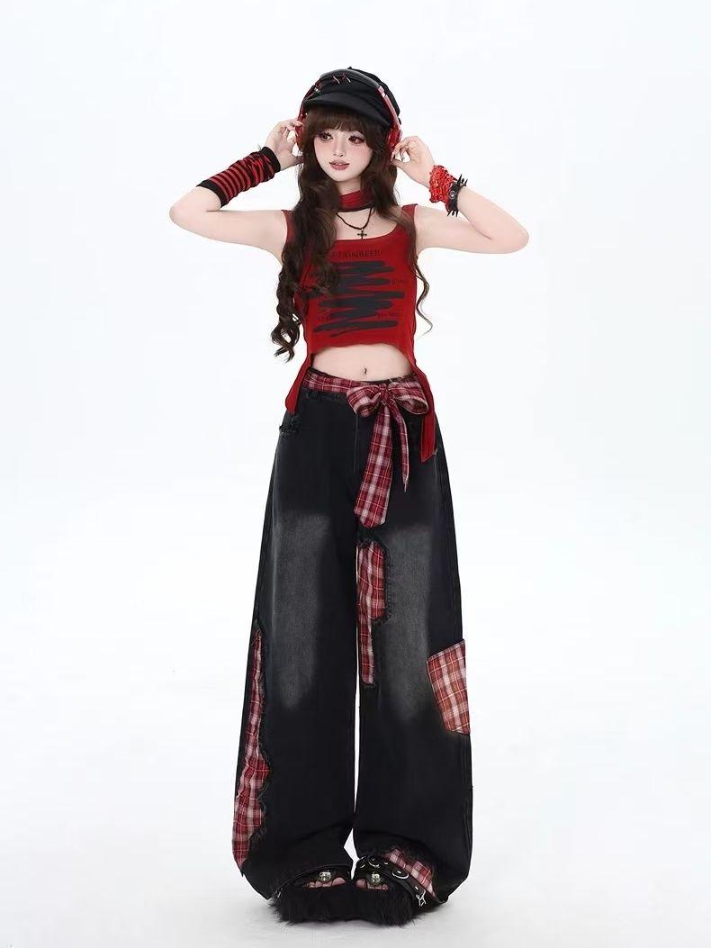 Product Introduction of Quần jeans nữ ống rộng thời trang form rộng Quần Jean Ống Rộng, Cỡ Nhỏ Phong Cách Mỹ Kẻ Sọc Chắp Vá, Có Thắt Nơ, Dành Cho Nữ, Hàng Mới Về Cho Mùa Thu Và Mùa Đông, Quần Dài Dáng Rộng Phong Cách Đường Phố Cao Cấpy2ky2kquần jeans nữquần jean ngầu 6