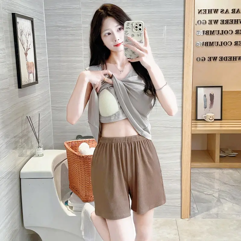 Padded Pyjamas Women Pajamas Set Summer Lady Sleeveless Sleepwear Woman Solid color Chest pad Nightwear Thin Loungewear M-2XL