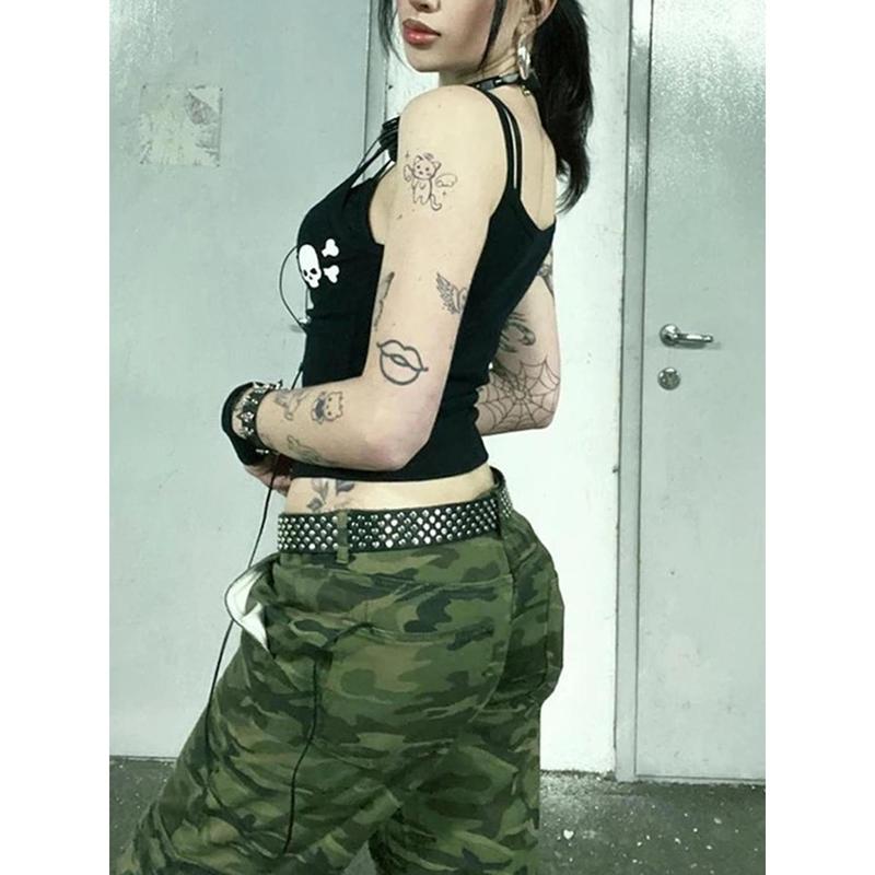 Áo Ba Lỗ Goth Cho Nữ, In Hình Đầu Lâu Cổ Điển Hở Lưng, Áo Hai Dây cổ xẻ Sâu, Áo Sơ Mi Ôm Sát Không Tay Grunge, Thời Trang Đường Phố Women Top 5