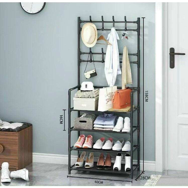 Kệ giày 4 tầng chữ L Giá kệ để giày dép đa năng có nhiều móc treo đồ tiện tích