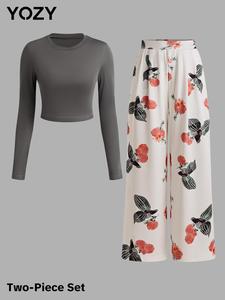 YOZY Plain Crop Tee & All Over Print Pants Set/ Casual Long Sleeve Round Neck Top & Wide Leg Pants for Spring & Summer & Fall, 2024 Women's Clothes for Daily Wear