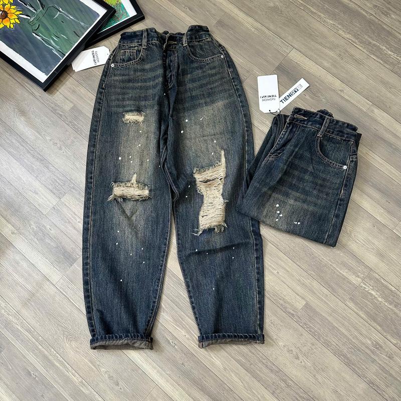 Product Introduction of (Bigsize 80kg) Quần Jean Boy Nữ Rách Gối Vẩy Sơn Lưng Chun, Quần Jean Baggy Women 31