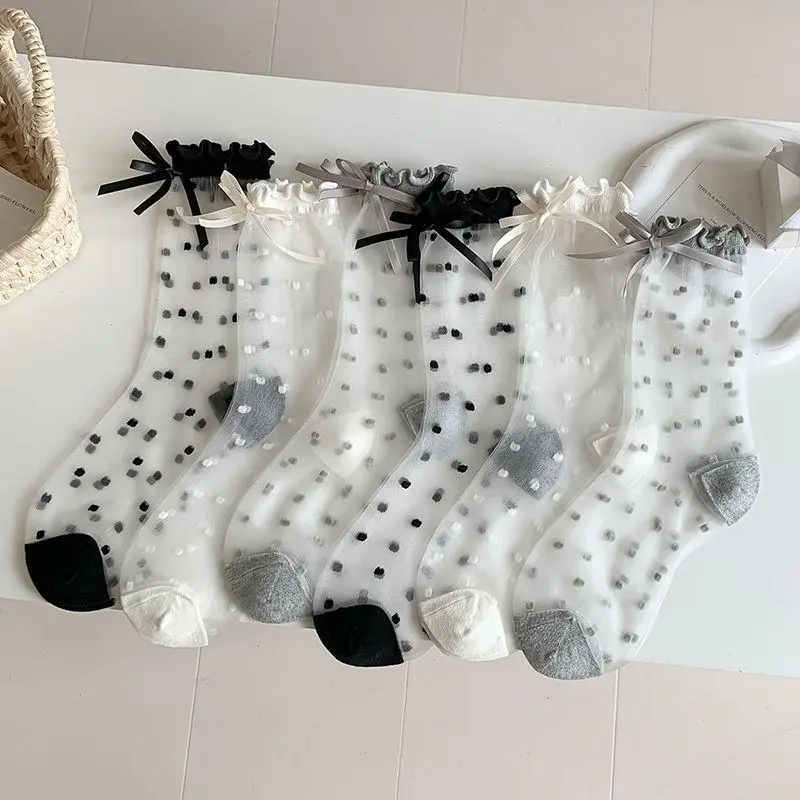 Tất Nơ Chấm Bi, Hàng Mới Về, 1 / 2 Đôi, Thích Hợp Cho Mùa Hè Và Mùa Xuân, Viền Ren Lụa Trong Suốt, Phong Cách Hàn Quốc, Tất Nữ Tính Ngọt Ngào