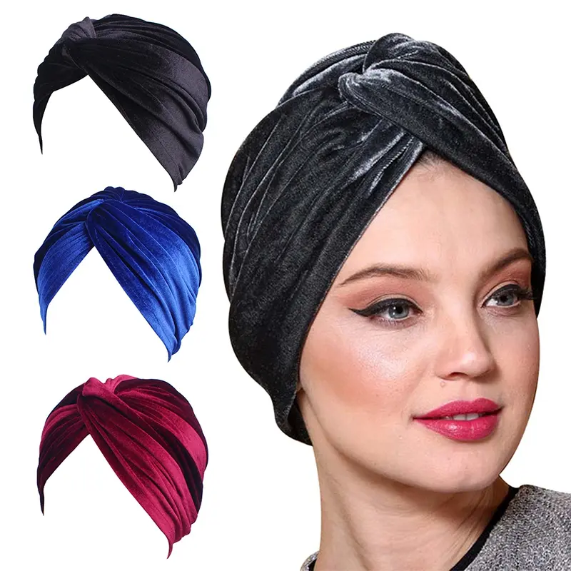 1Pcs Women's Pure Color Cross Velvet Turban Hat Stretch Head Wrap
