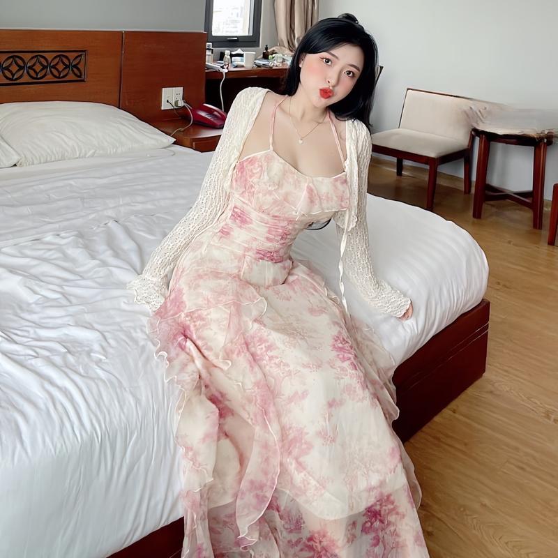 Set Váy Tơ Bèo Siêu Xinh Nữ Dress - Chất Liệu Tơ Cao Cấp Mềm Mại, Thiết Kế Bo Chun Sau Lưng, Co Dãn Vừa Phải - Sz S/M/L - Hồng/Kem - Voi