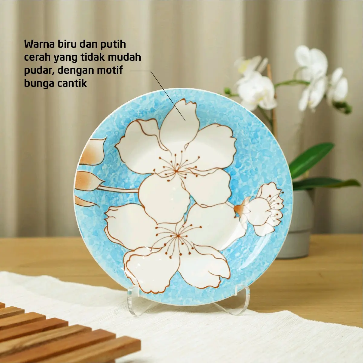 Piring Keramik Omega Bunga Almon Biru
