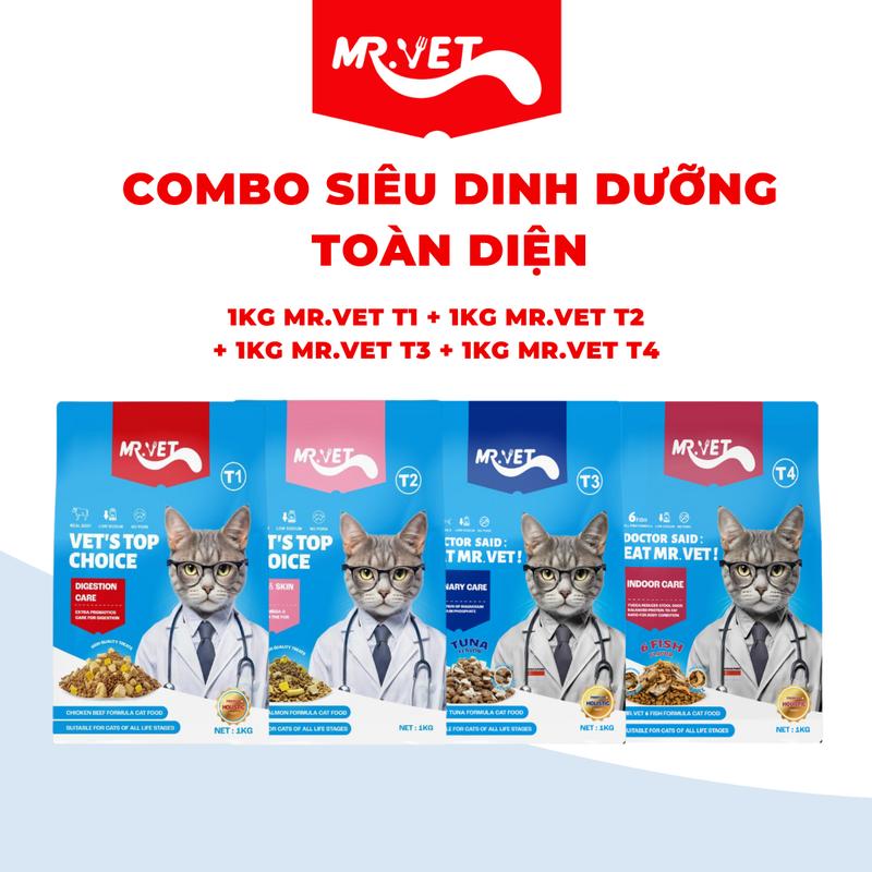 Combo Siêu Dinh dưỡng Toàn Diện gồm 1kg Mr.Vet T1 + 1kg Mr.Vet T2 + 1kg Mr.Vet T3 + 1kg Mr.Vet T4 dành cho mèo mọi lứa tuổi với Topping Thịt gà, Thịt tươi, Lòng đỏ trứng sấy khô