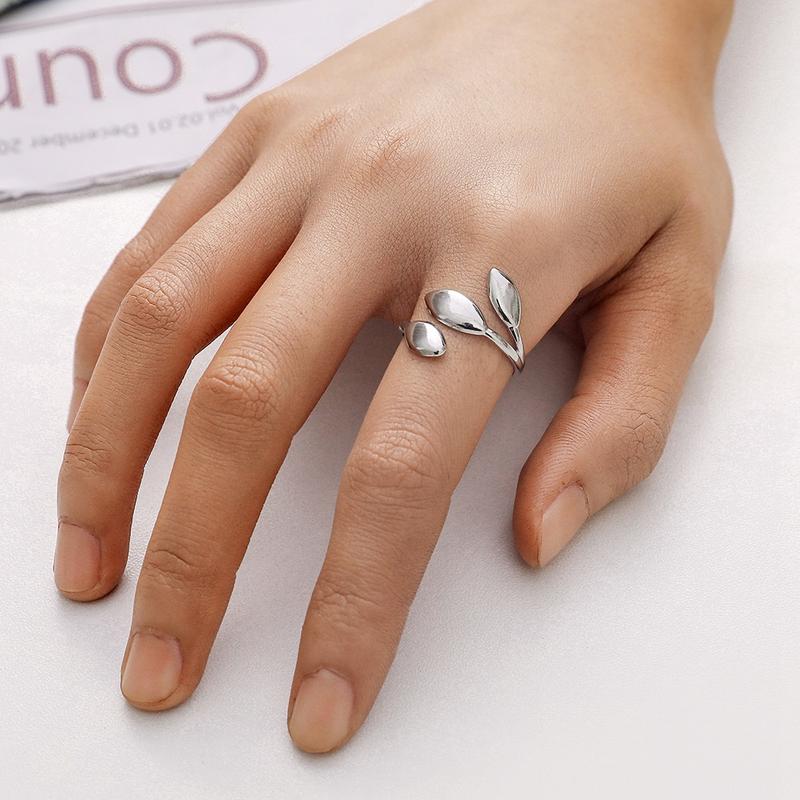 Product Introduction of New Simple Niche Design Stainless Steel Leaf Open Titanium Steel Ring Jewelry for Women 5