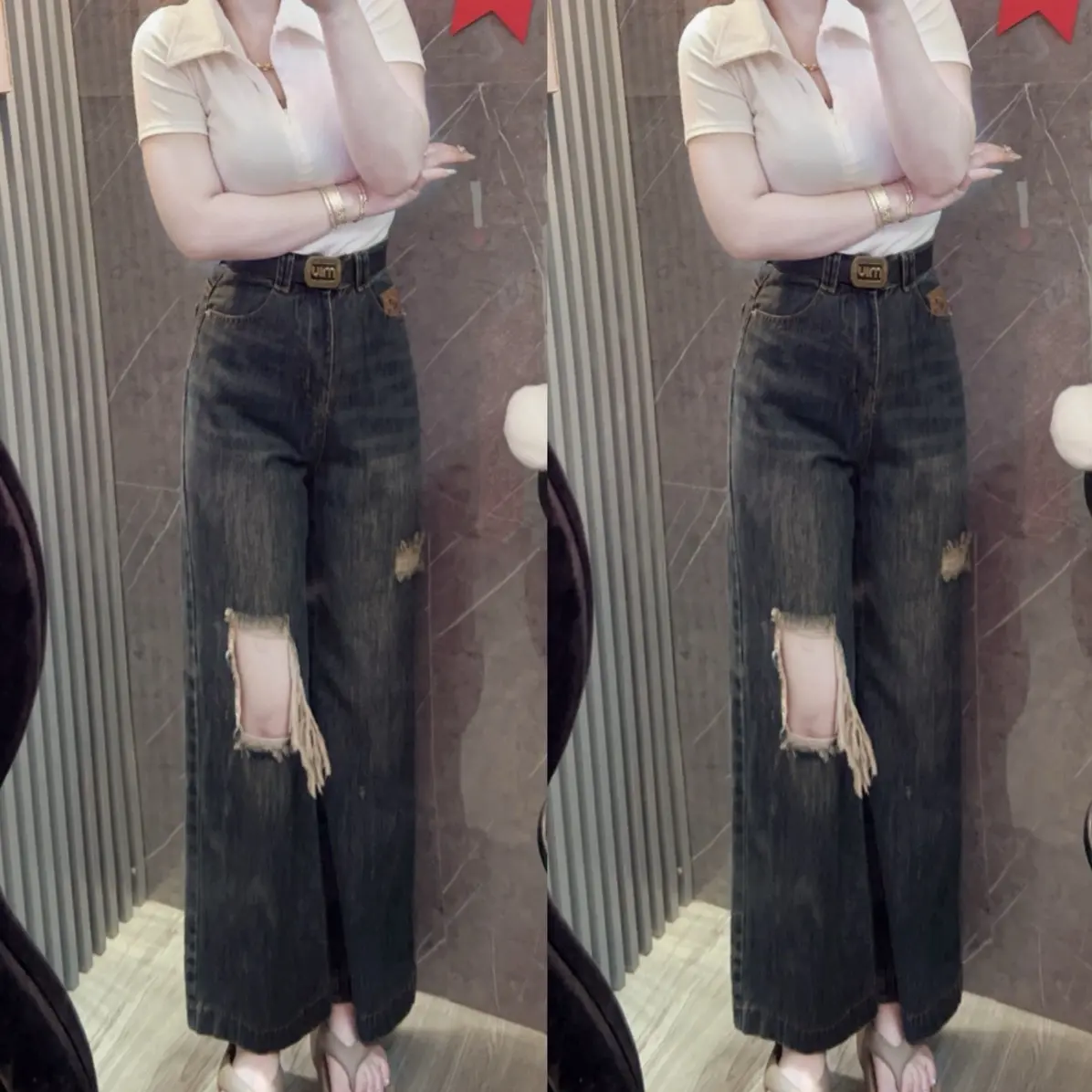Quần  Xuông Chín Tất Rách Cào Nữ {[OX07 : 1355]} Chất Jeans Mềm Dài 90-92cm - Women