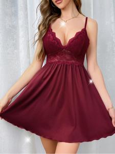 Women's Solid Color Floral Lace Patchwork V Neck Tulle Cami Nightdress, Soft Comfortable Adjustable Spaghetti Strap Backless Sleeveless Nightgown for All Seasons, Fashion Ladies' Sleepwear for Daily Wear