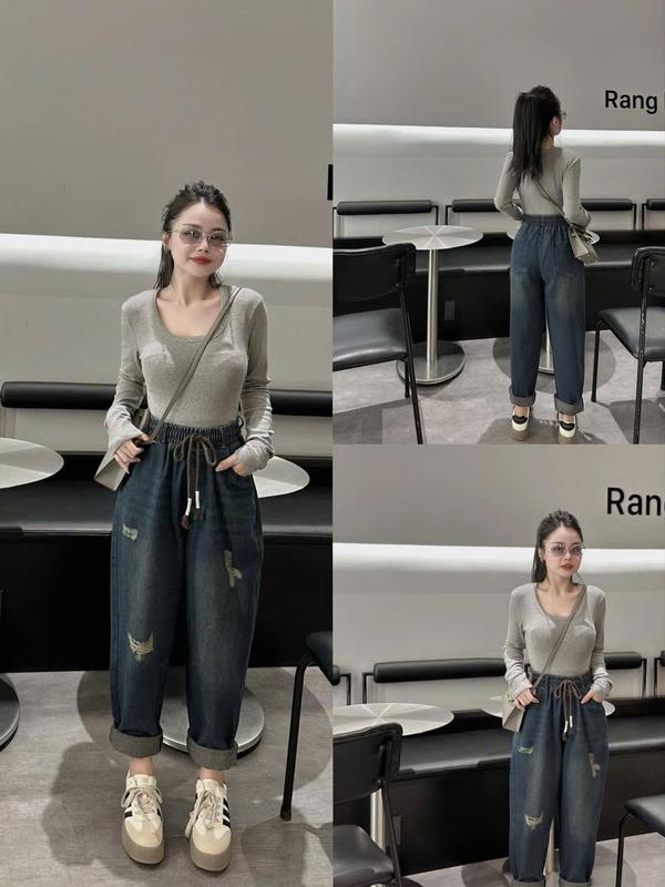 (40 - 78Kg) Quần Jean Nữ Fom Thụng Cạp Cao Dáng Baggy 9 Tấc - Dây rút Drawstring Quần Rách Đùi Chất Liệu Không Nhăn Không Xù, Đường May Tỉ Mỉ Chắc Chắn
