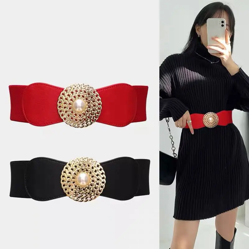 Thắt Lưng Co Giãn Hình Dây Chuyền Khóa Tròn Thắt Lưng Cổ Điển Màu Đen Ngọc Trai Đĩa Trang Phục Và Váy Công Sở Cho Nữ Có Thể Mặc Ngoài