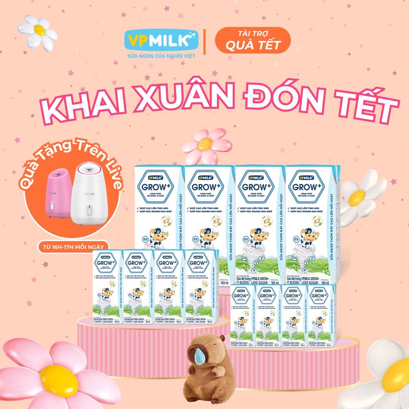 [24 hộp 180ml] Sữa VPMIlk Grow+ ít đường, vị sữa ngọt thanh