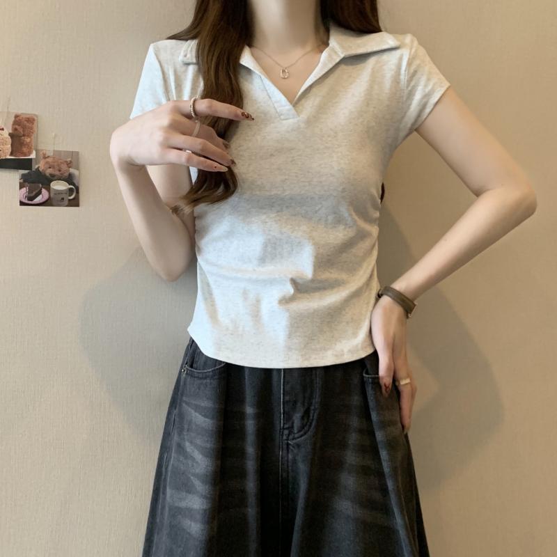 Product Introduction of 106 # Real Shot Real Price 40s Pure Cotton 210g (92% Cotton/8% Spandex) Polo Collar Waist-Cinching Short Sleeve T-Shirt for Women Top Womenswear 21