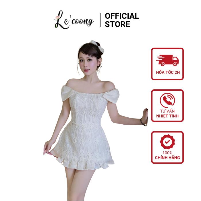  Váy Tiểu Thư Dáng Ngắn Trễ Vai LECOONG V791 Đầm  Đi Tiệc Phối Hoa Nổi Màu Kem Sang Chảnh 