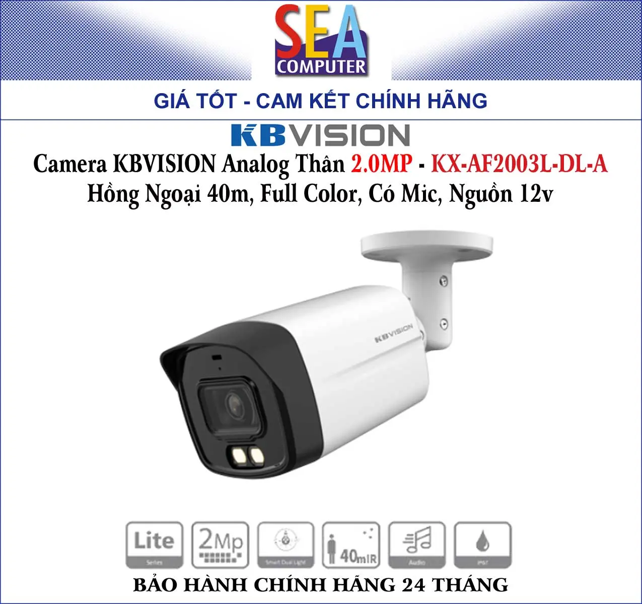Camera KBVISION Analog Thân 2.0MP - KX-AF2003L-DL-A Hồng Ngoại 40m, Full Color, Có Mic, Nguồn 12v