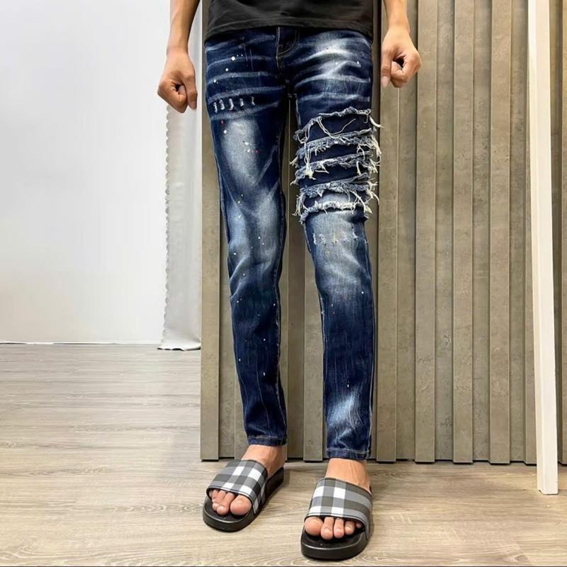 Quần Jean Nam DS xanh thêu khuyết tật hor trend boy phố Menswear Pants Có Túi