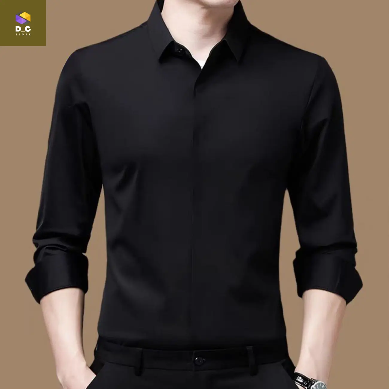 Áo sơ mi đen vải lụa thái mềm mịn che khuy cúc áo Menswear Nam