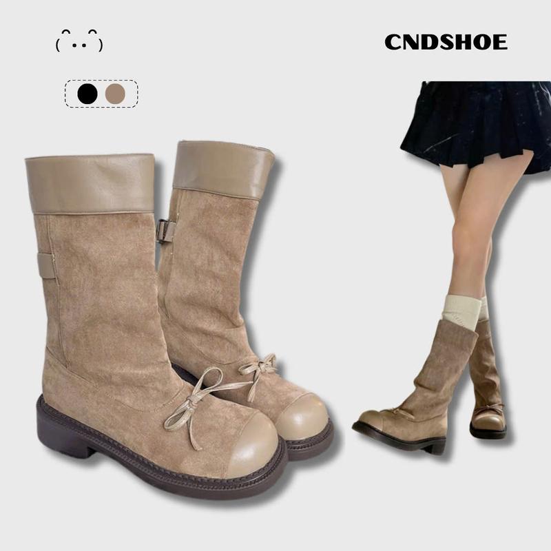 Cndshoe - Giày Bốt Cổ Thấp Đế 3 Phân, Da Mềm, Phối Nơ, Giày Bốt Mid-Caft Boot nữ Nhung Jean y2k bốt nâu Cổ Cao giay bot xinh boot vàng