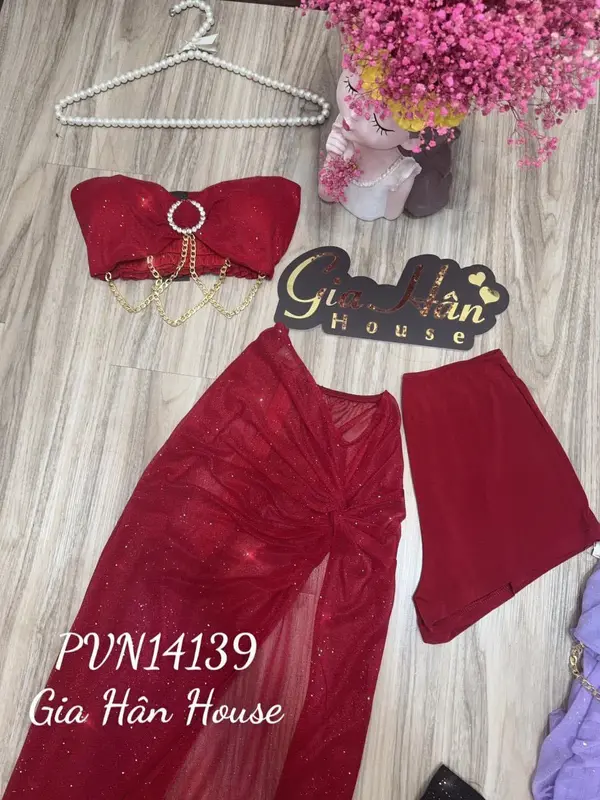 GIA HÂN - SET ÁO KHOEN TRÒN VÁY LƯỚI NHŨ (KÈM QUẦN SHORT) - 14138 - Freesize Nữ Nhung Đỏ 4