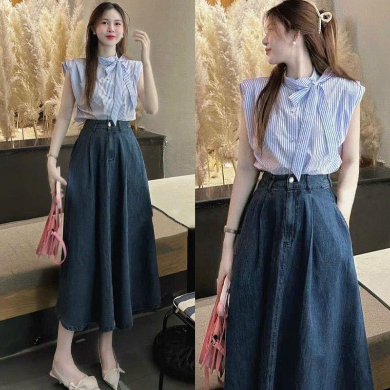 Set Đầm Váy Nữ. Áo Sơ Mi Caro Thắt Nơ Kèm Chân Váy Chất Jean Xòe Dáng Dài Women Voi