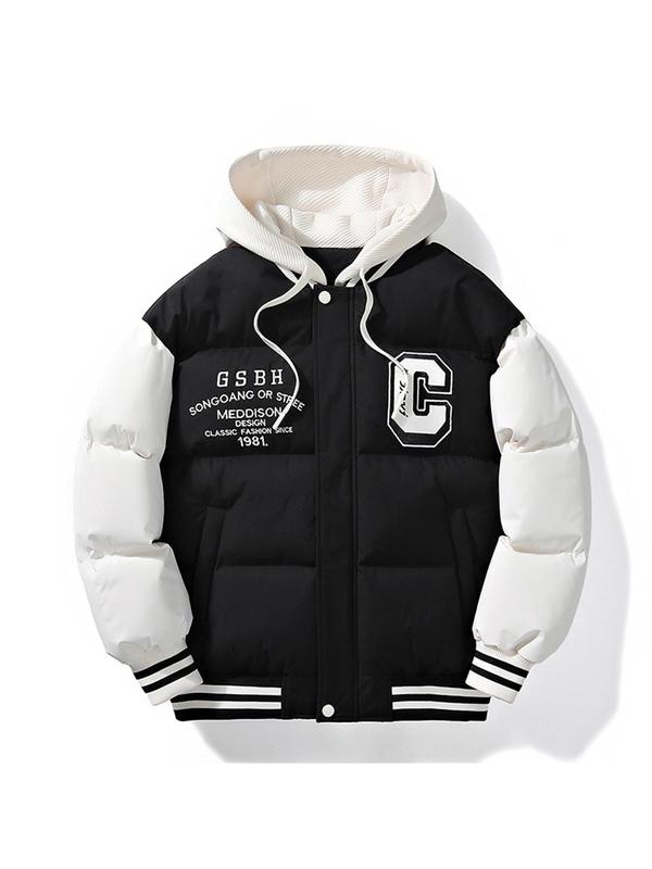 Men's Colorblock Letter Embroidery 2 in 1 Zip Up Hooded Jacket, Regular Fit Casual Pocket Drawstring Long Sleeve Outerwear for Fall & Winter, Men's Clothes for Daily Wear 3